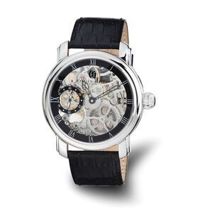 Charles Hubert Mens Leather Band Black Skeleton Dial Watch